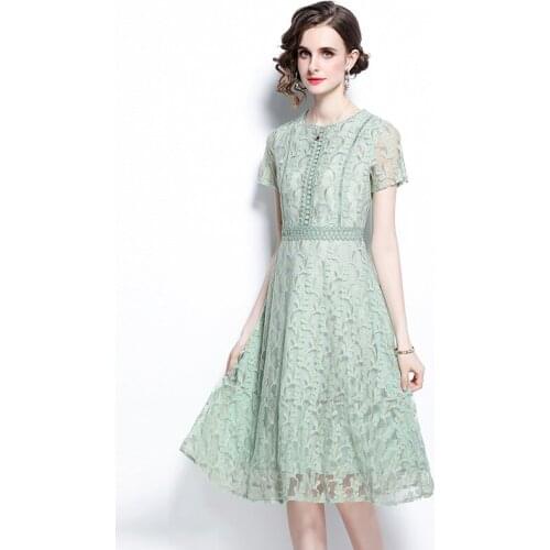 Fashion Runway Summer Dress Women O-Neck Embroidery Hollow Out Mesh Midi Dress Ladies Party Green Lace Dresses k8661