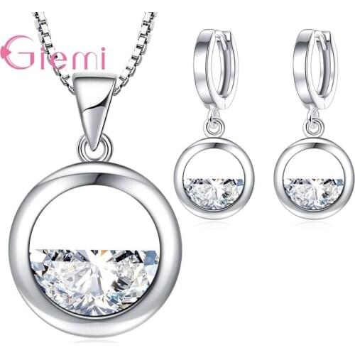 925 Sterling Silver Bridal Jewelry Set For Women Pendant Necklace Hoop Earrings Round Cubic Zirconia Wedding Engagement