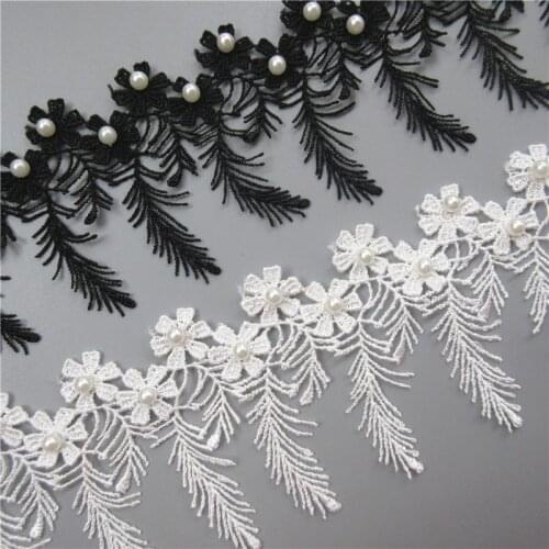 1yard 68mm White and Black Fringe Tassel Lace Trim Pearl Flower Embroidered Ribbon Fabric Sewing Craft Dress DIY Accessories