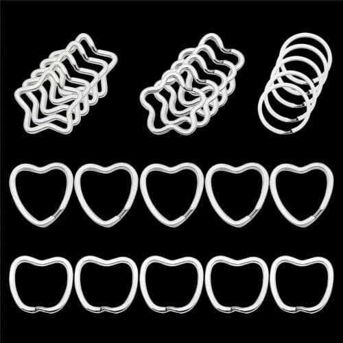 Wholesale 10pcs New Iron Key Chains Rings Silver Color Round Heart Star Shape Connected Alloy Key Holder Jewelry DIY Accessories