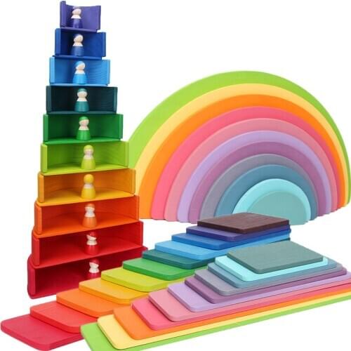 11-Piece Rectangle Rainbow Stacker Montessori Educational Toy wooden rainbow stacking Toy Nesting Puzzle Blocks Tunnel Stacking