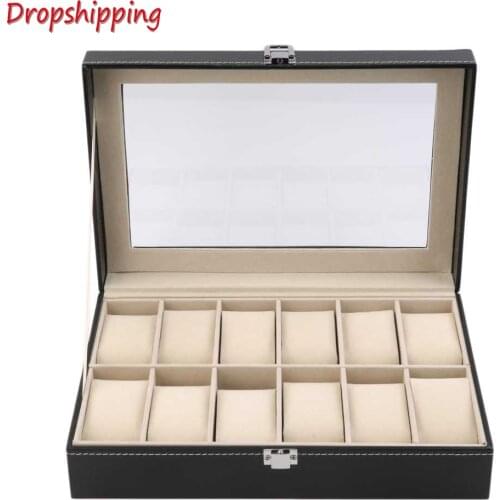 12 Slots Grid PU Leather Watch Box Display Jewelry Storage Organizer Holder Packaging Case Caixa Para Relogio Black Businessman