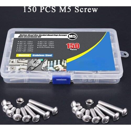 150Pcs M5 Stainless Steel Button Head Hex Socket Head Cap Bolts Screws Nuts Assortment Kit