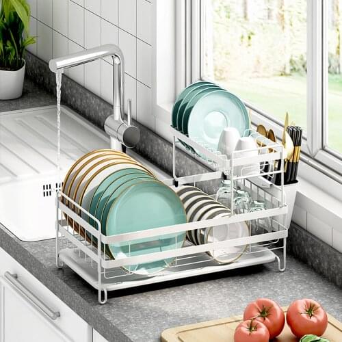 2 Tier Dish Drying Racks with Utensil Holder, Dishes Drainer and Removable Drainboard for Kitchen Counter