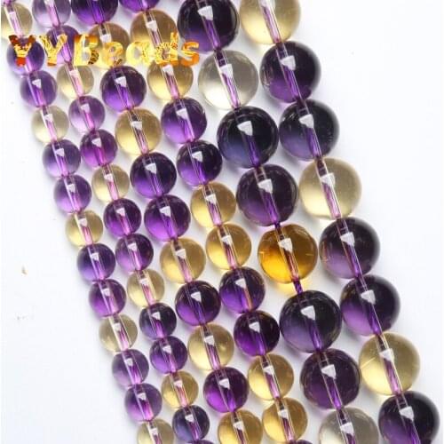 5A Natural Amethysts Citrines Crystals Beads Clear Purple Yellow Crystals Loose Beads For Jewelry Making Bracelets 15" 6 8 10mm