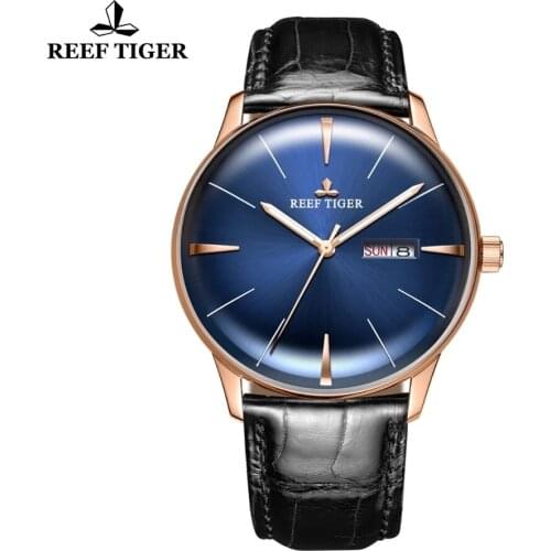 Reef Tiger/RT New Mens Dress Watches With Date Week Convex Lens Watches Analog Automatic Mechanical Watches relogio masculino