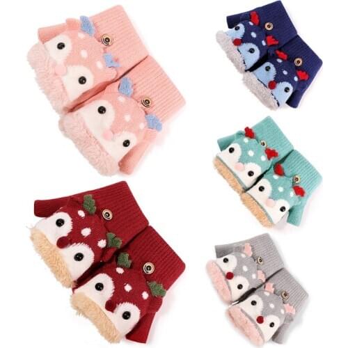 Kids Winter Knit Convertible Gloves Cartoon Reindeer Plush Lined Flip Top Mitten