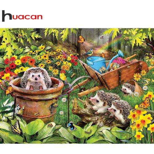 Huacan Full Square/round Diamond Painting Hedgehog Natural Scenery Mosaic Animal Spring Forest Embroidery Home Decor