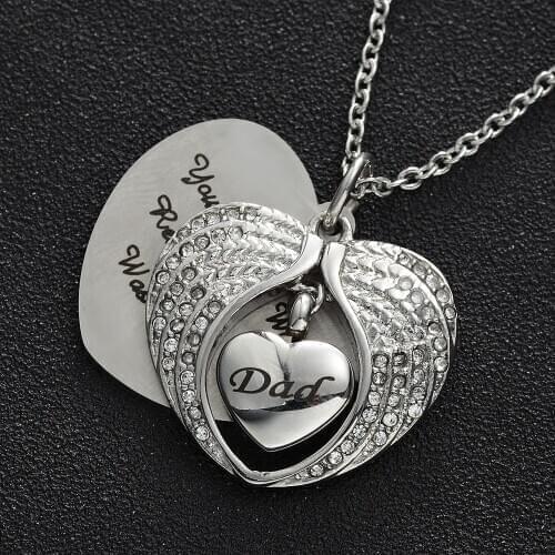 Angel Wing Hold Heart Cremation Urn Stainless Steel Necklace Dad Keepsake Memorial Jewelry For Ash 50cm