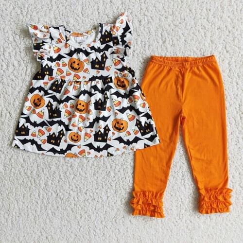 Wholesale Children Baby Girl Halloween Clothing Sets Kids Fly Sleeve Ghost Pumpkin Top Solid Orange Cotton Pants Outfits