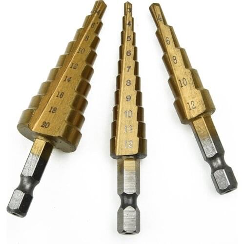 3Pcs/set 3-12mm 4-12mm 4-20mm HSS Titanium Hex Shank Cone Step Drill Bit Titanium Coated Wood Metal Hole Cutter Core Drilling