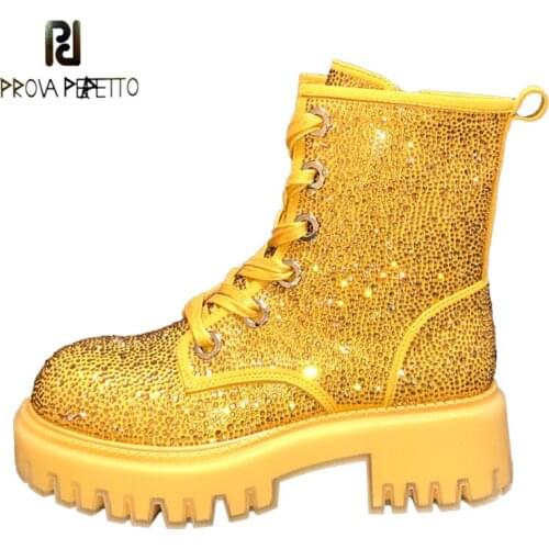New Autumn and Winter Boots Leather Full Rhinestone Round Toe Thick Bottom Thick Heel Increased Side Zipper Lace-up Martin Boots