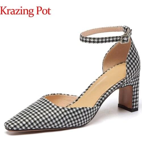Krazing Pot genuine leather square toe shallow office lady mature dance party high fashion energy ankle lace up women pumps L42