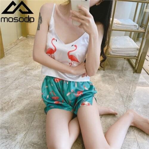 Mosodo Vest Shorts Pajamas Set Summer Lady Ice Silk V-neck Housewear Cartoon Printing Two Piece Pajamas Set