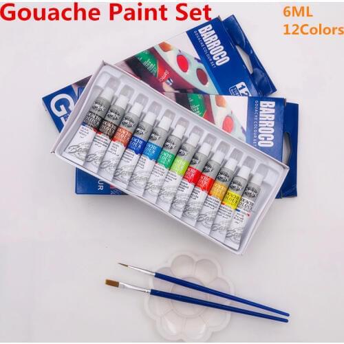 6 ML 12 Gouache Painting Paint Set Professional Student Drawing Pigment for Art Supplies Offer 2 Brush And 1 Palette For Free