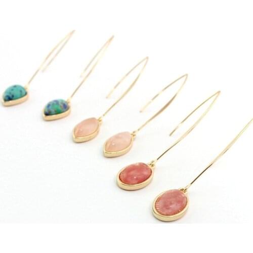 Natural Stone Pink Quartz Drop Shape Earrings Personality Ear Hook For Women Fashion Crystal Glass Colorful Long Dangle Earrings