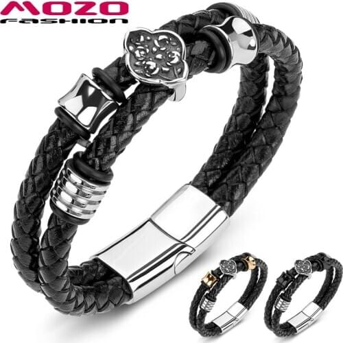 2020 New Men Trendy Bracelet Braided Genuine Leather Stainless Steel Fower Punk Bangle Women Jewelry