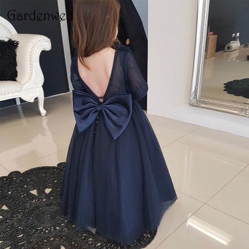 Gardenwed Navy Blue Flower Girl Dresses 2020 Long Sleeves Ball Gown Tulle Back Bow Knot Puffy Dresses for Kids