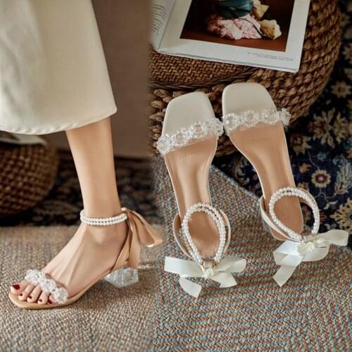 New Summer Fashion Thick Heel Women Sandals Transparent Bandage Pearls High Heels Ladies Crystal Bow Sandals Open Toe Shoes