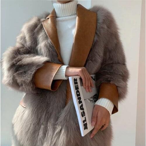 2021 New Warm Fur Jacket Sexy Streetwear Overcoat Girl Luxury Vintage Womens Winter Fox Fur Coat With Faux Leather Suit Collar