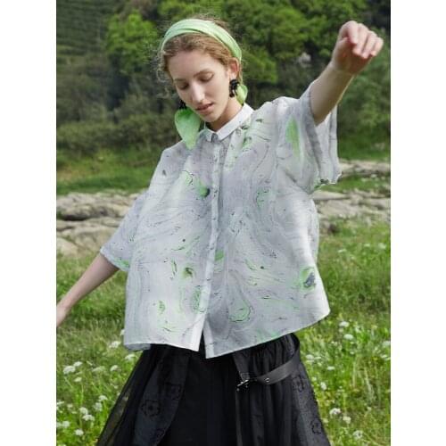 IRINACH413 Spring Summer 2021 Original Design New Arrivals Short Sleeves Oversized See Through Printed Jacquard Shirt Women
