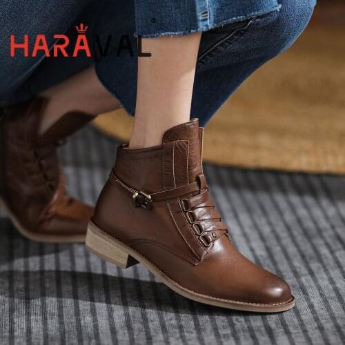 HARAVAL Ankle Boots Shoes Women Elegant Black Brown Motorcycle Boots Spring/Autumn Genuine Leather Round Toe Footwear E345L