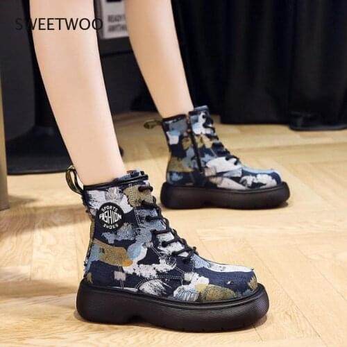 Women Lace Up Denim Snow Boots Motorcycle Canvas Short Boots Leopard Zebra Print Casual Shoes