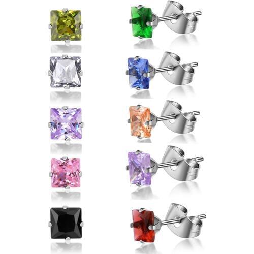 1 pair 10 color Fashion Popular Luxury Cubic Crystal 5mm Square Gem Zircon Stainless Steel Stud Earrings for Women