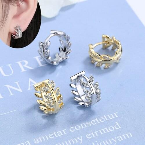 Natural Plant Leaves Small Hoop Earrings For Women Shiny Crystal Zirconia Golden/White Huggies Tiny Charm Earring Pierce Jewelry