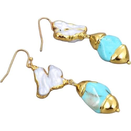 JK White Biwa Pearl Blue Turquoise Stone Hook Earrings For Women