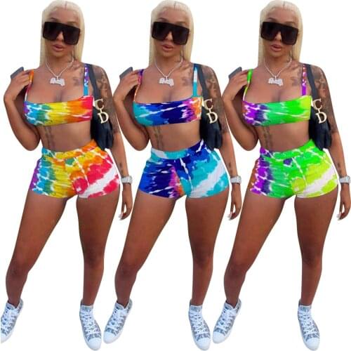 Sexy Bra 2 Pieces Matching Short Sets Women Sleeveless Tank Crop Top and Mini Shorts Fashion Printed Summer Outfits for 2021