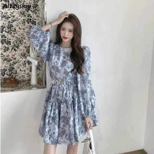 Spring Dress Women Puff Sleeve Sashes Retro Slim Popular Korean Style Leisure Simple Fashion Ladies All-match Vestido Holiday