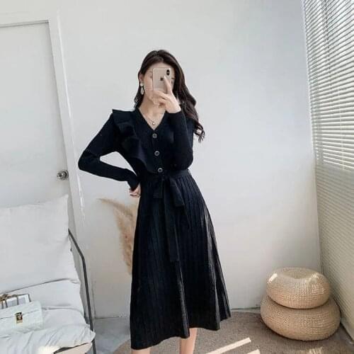 Women Knitted Dress Autumn Winter Warm V-Neck Lace Up Ruffled Trim Long Sleeve Elegant Lady Party Sweater Dresses Korean Fashion
