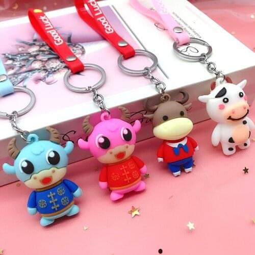 1PC 2021 New Year Ox Cow Doll Keychain Pendant Pvc Soft Plastic Cartoon Creative Bag Ornaments Ox Year Gifts