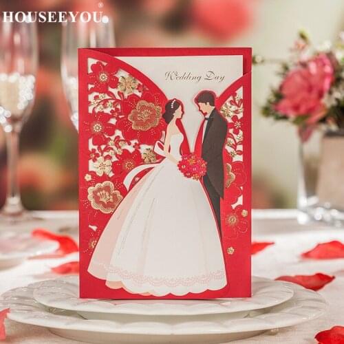 10PCS Wishmade Red Laser Cut Wedding Invitations Cards with Bride Groom Hollow Gold Flower SInvite for Engagement Shower