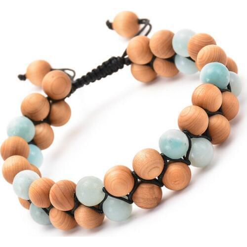 Natural Stone Beads Double Row Bracelet for Women Men Wood Beads Amazonite Stone Mala Double Braided Bracelet Adjustable