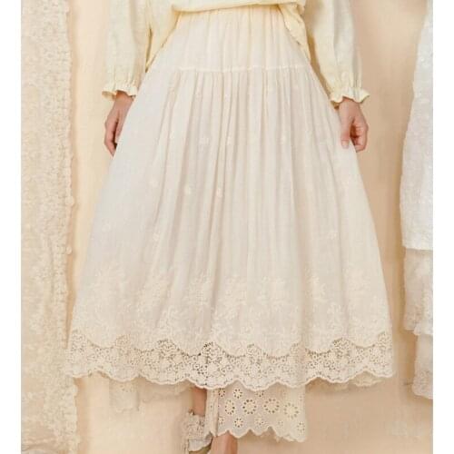 Cottagecore Womens Hollow Embroidered Solid Pants Skirt Mori Girl Sweet Lace Crochet Maxi Skirts Mujer Faldas Vintage Clothes