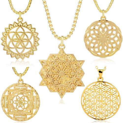 Flower of Life Necklace Jewelry Mandala Pendant Necklaces for Women Men Geometry Charm long Chain Charm Gold Color Choker Gift