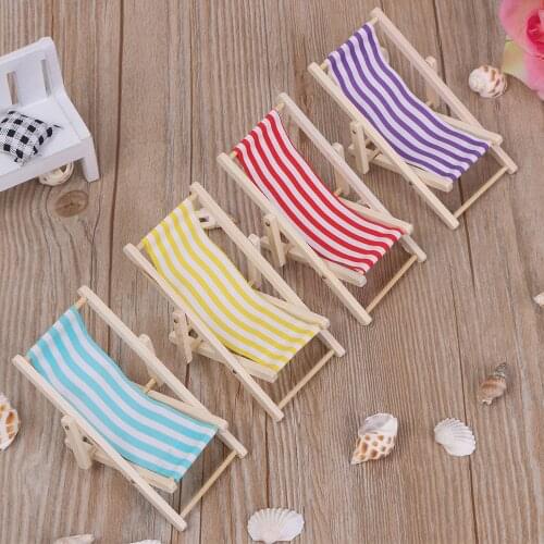 Wooden Striped Lounge Chair for 1/12 Dollhouse Miniature Furniture Folding Stripe Deck Beach Chair Sunbathing Toy 11 cm