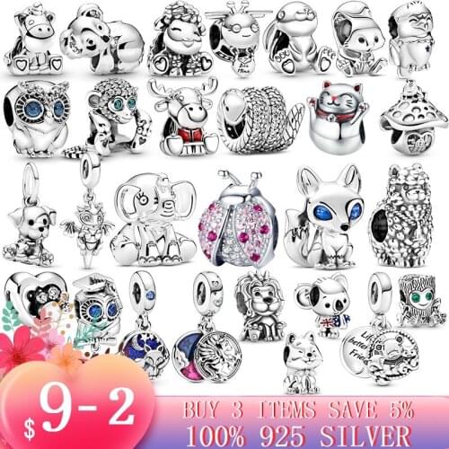 Hot Sale 925 Sterling Silver ladybug owl cat dog fox Charm Beads fit Original Pandora Bracelet Silver Jewelry Animal Collection