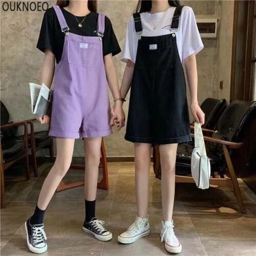 Womens Jumpsuits Korean Preppy Style Solid Color Strap Pants Large Pocket High Waist Black Short summer Woman Denim Overalls