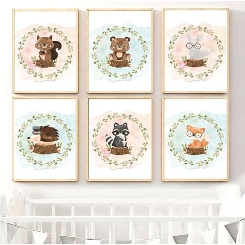 Fox Rabbit Hedgehog Raccoon Squirrel Bear Leaf Wall Art Canvas Painting Nordic Posters And Prints Wall Pictures Kids Room Decor