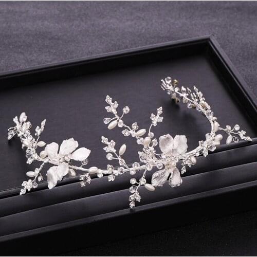 Trendy Silver Color Rhinestone Pearl Hair Accessories Bridal Leaf Headdress Wedding Hair Accessories Handmade Headwear Crown