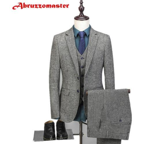 Abruzzomaster Dark Brown Tweed Men Suit British Style Modern Blazer 3 Pieces Wedding Suits Tweed Groom Suits
