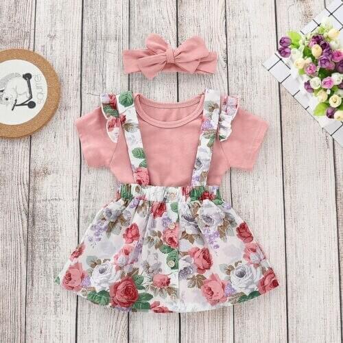 Newborn Tops Romper Summer Cute Girls Flower Rose Kid Floral Print Bowknot Skirt Baby Outfits Set Clothes 3Pcs