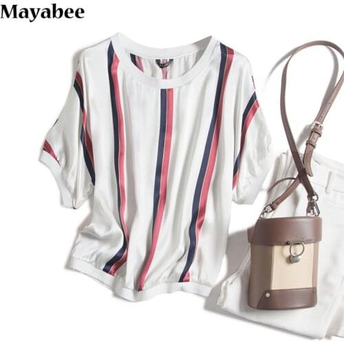 Striped Heavy Silk Drop-Shoulder Bat Sleeves Loose-Aged Middle-Sleeved Top T-shirt 2021 Spring Summer New
