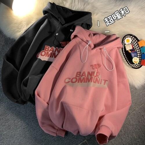 Letter Printed Hoodies Womens Cotton Plus Velvet Thick Winter Korean Loose Lovers Hooded Clothes Female Sweatshirt With Hood