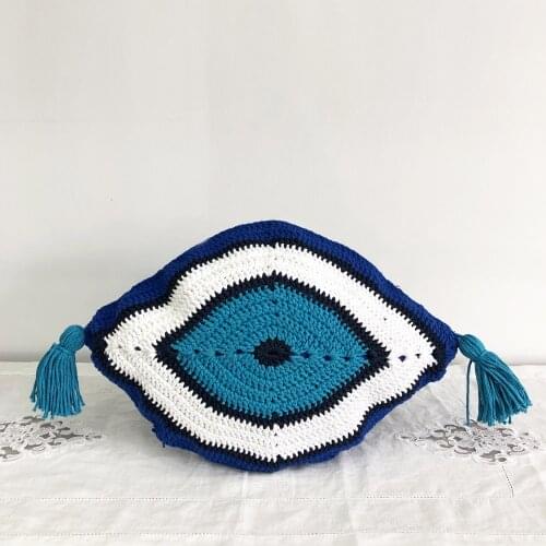 Macrame knit evil eye pillow, handmade amulet pillow cover, navy blue pillow cover, amulet cushion, macrame decorative pillow