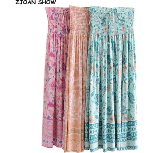 3 colors 2021 New Bohemia Spliced Floral Bird Print Hem Slit Midi Long Skirt Holiday Women Elastic High Waist Swing Skirts Beach