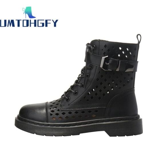 New Women Thick Bottom Black Hollow Mesh Summer Boots Genuel Leather Round Toe Zip Lace Up Platform Shoes High Heels Ankle Botas